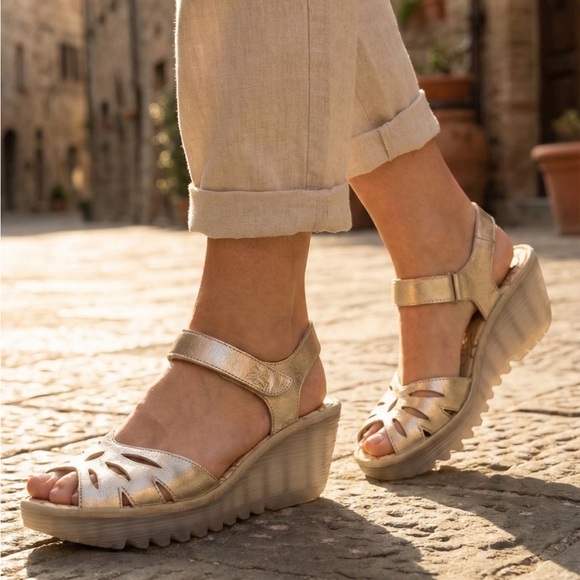 Fly London Shoes - Fly London Metallic Gold Wedge Sandals